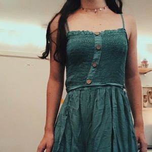 Spaghetti strap long teal jumpsuit